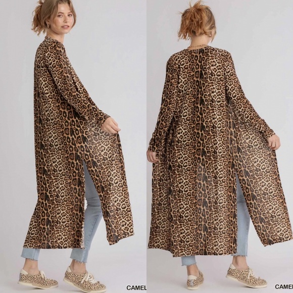 NWT Umgee Jaguar Print Open Front Long Body Cardigan with Side Slits - Picture 6 of 11